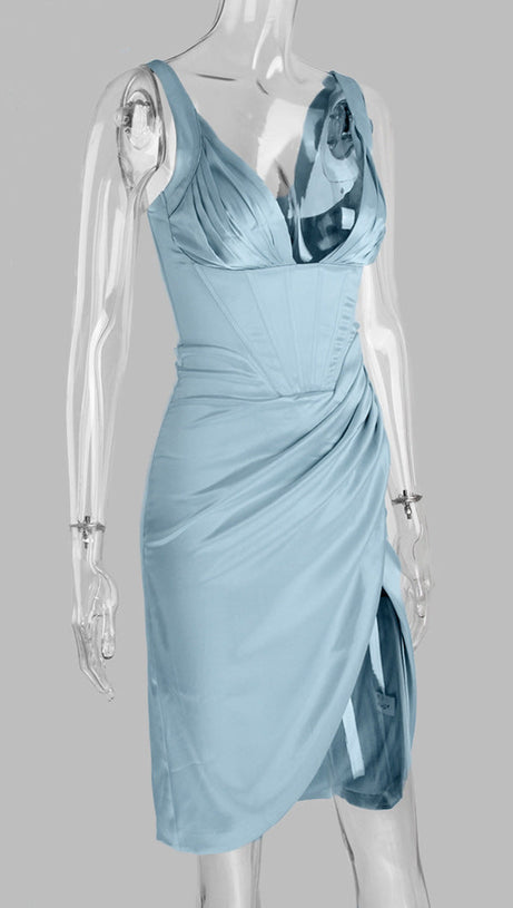 SATIN CORSET MIDI DRESS IN BLUE