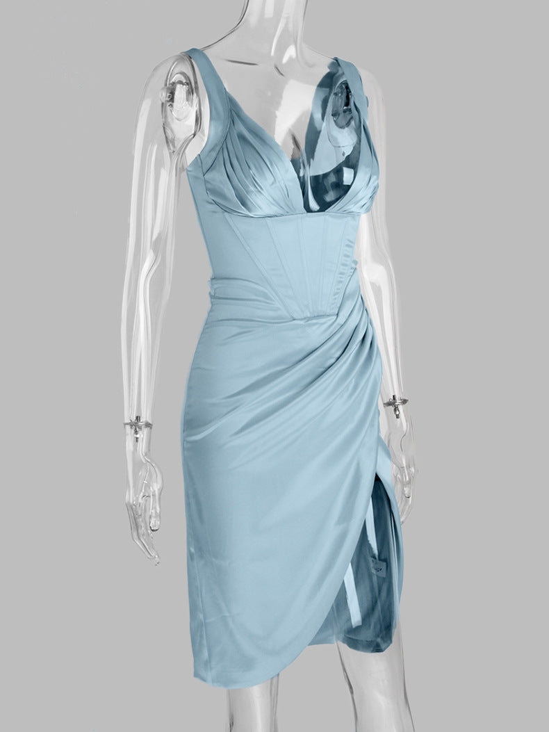 ABITO MIDI CON CORSETTO IN RASO BLU