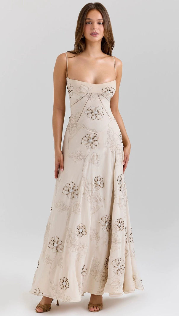Vintage embroidered hollow slip maxi dress - white
