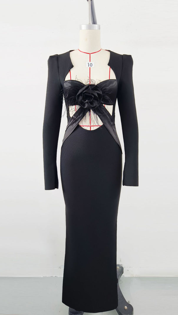 AIIZIE BLACK RADIANCE PADDED SHOULDER HEART CUT SATIN DRESS - product image