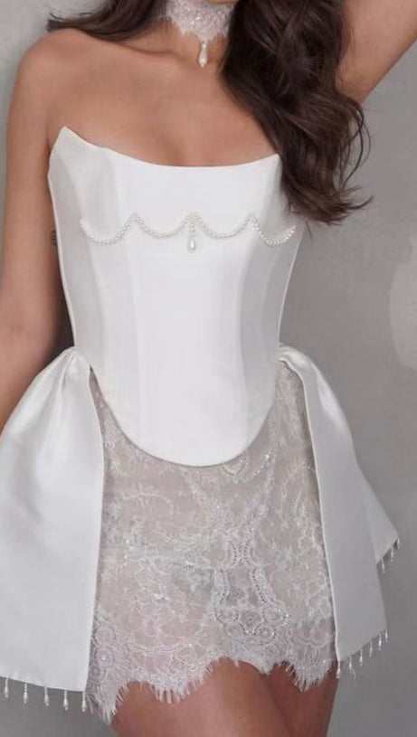 Korsettkleid mit Perlenspitze, weißes Minikleid 