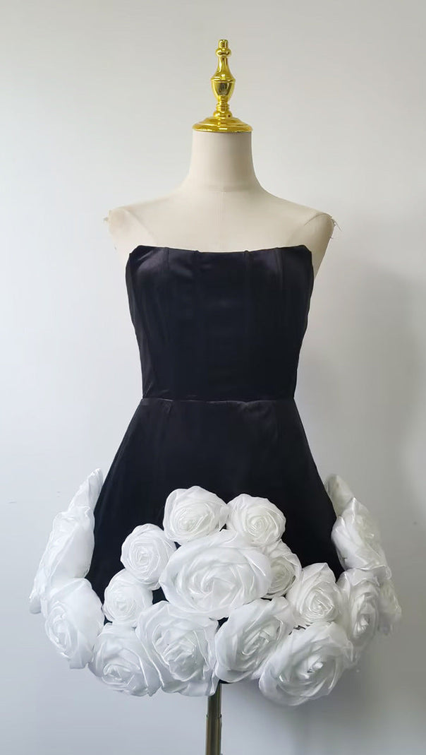 AIIZIE FLOWER-EMBELLISHED-HEM BLACK STRAPLESS MINI DRESS - product image