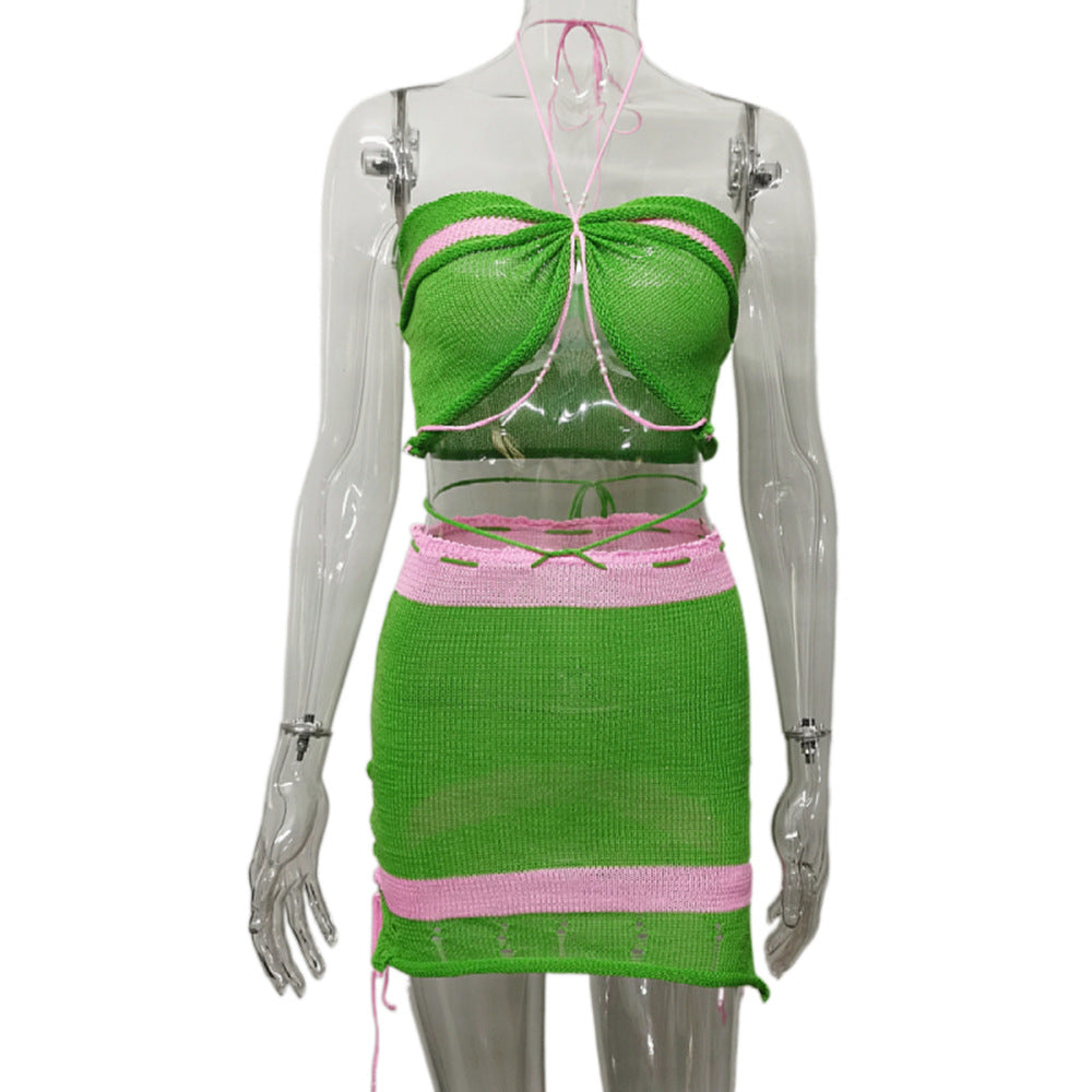 GREEN COLOR - BLOCKED PEARL HALTER KNITTED SET