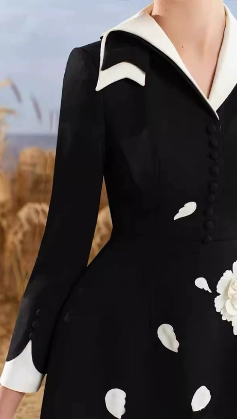 RENEE FLOWER EMBELLISHED BLACK A-LINE SILK MINI DRESS