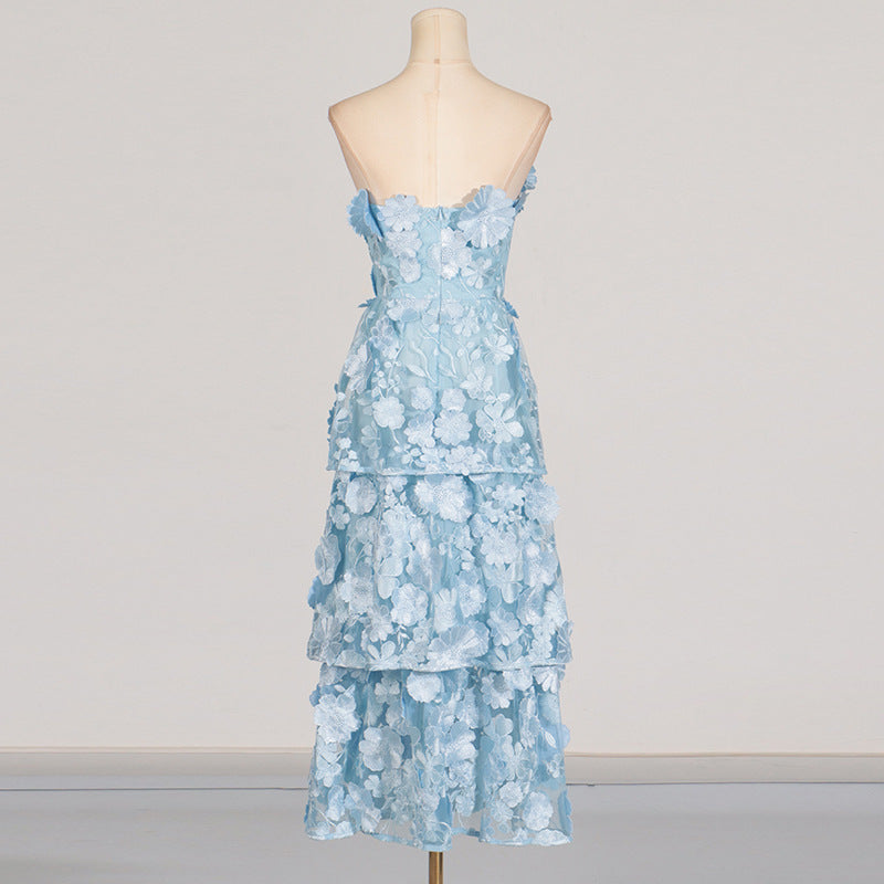 SELENE 3D FLOWER TIERED MAXI DRESS IN BLUE