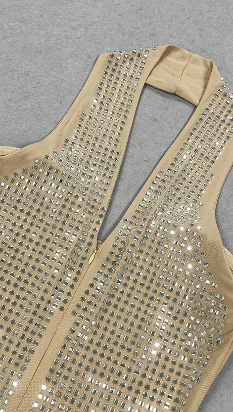 RHINESTONE MESH HALTER NECK MAXI DRESS