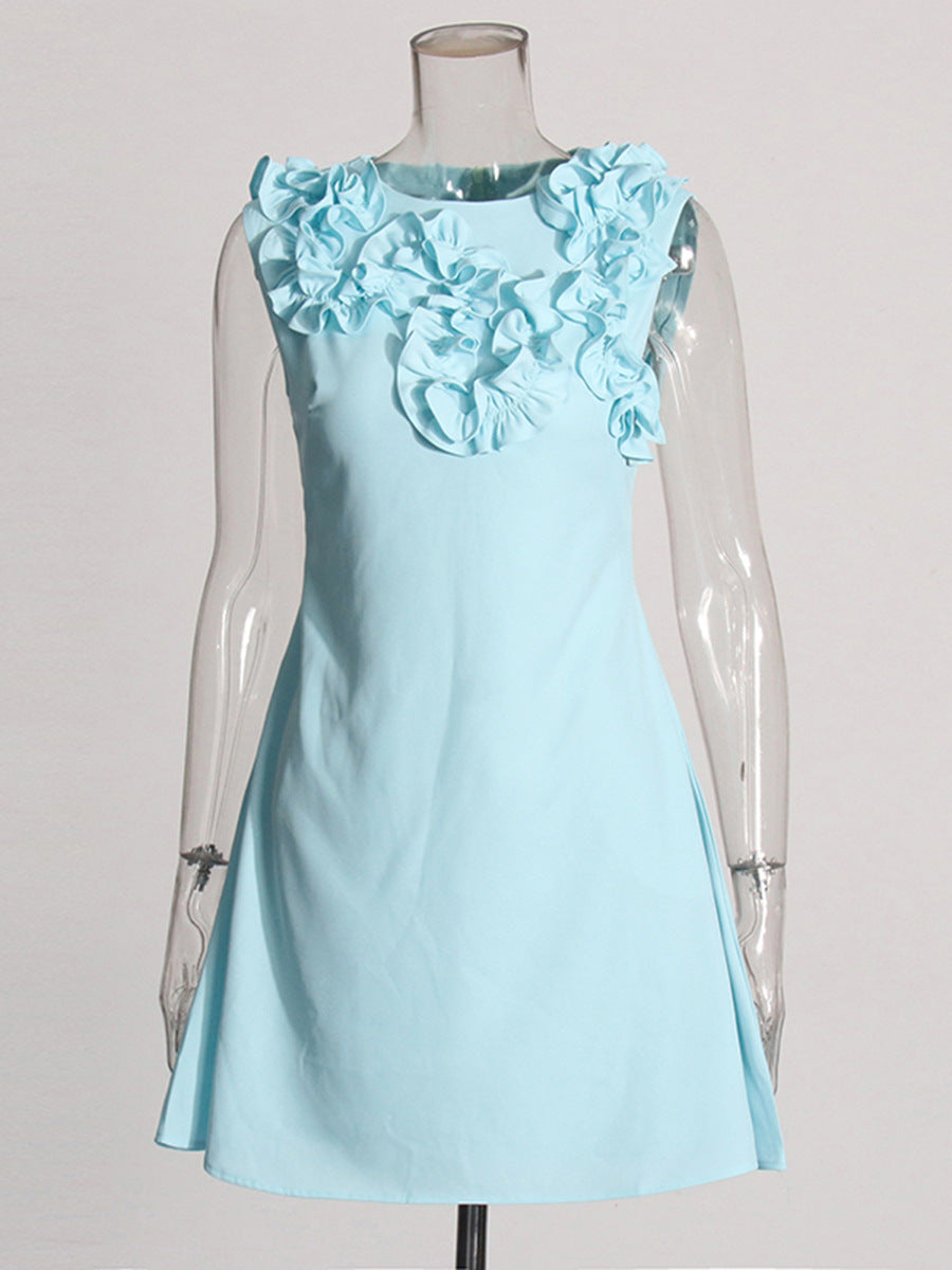 FLORAL EMBELLISHED A-LINE MINI DRESS IN BLUE