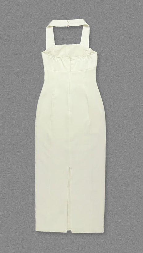 ABITO LUNGO IN TESSUTO A MANDORLA CON BOTTONI A TRIANGOLO