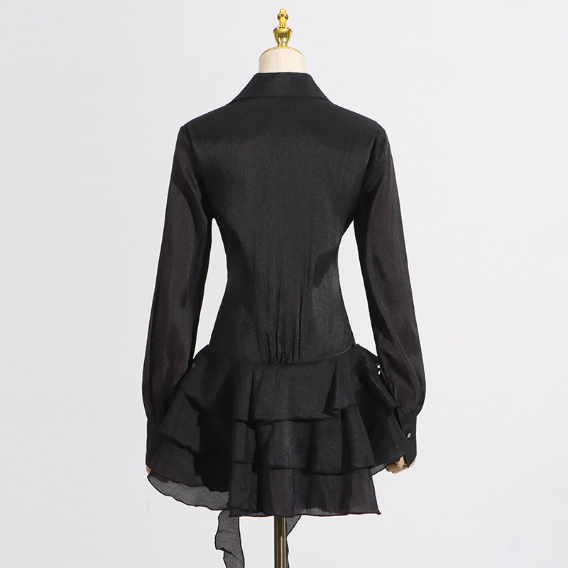 MINI ABITO CON FIORI E NASTRO A VOLANT NERO