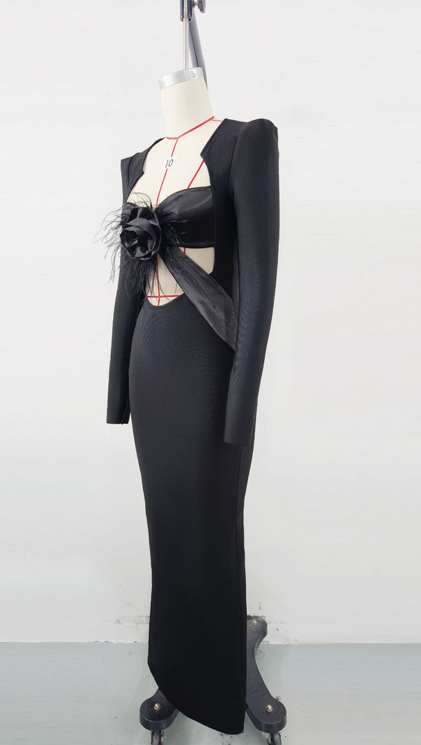 AIIZIE BLACK RADIANCE PADDED SHOULDER HEART CUT SATIN DRESS - product image