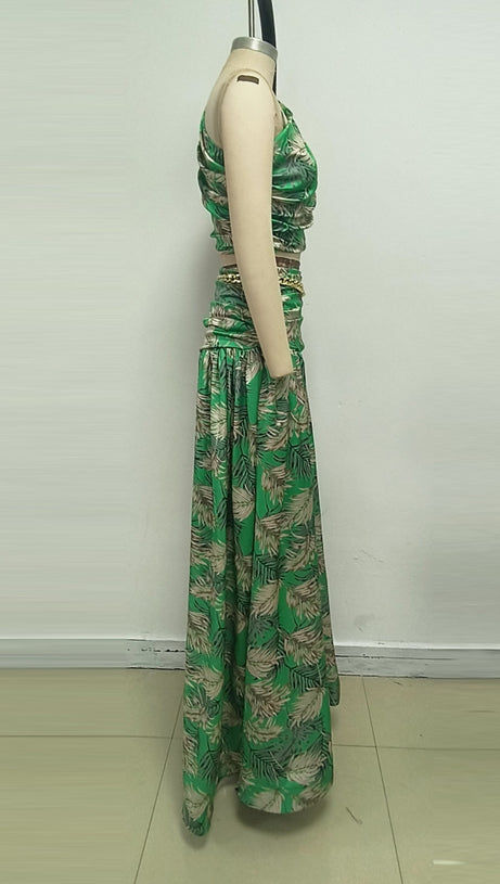 GREEN PALM LEAF PRINTED ONE - SHOULDER TWO - PIECE MAXI SKIRT SET