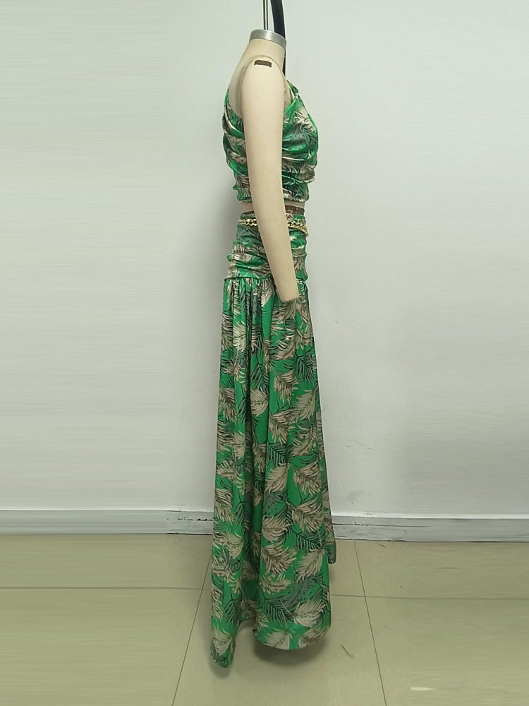 AIIZIE GREEN PALM LEAF PRINTED ONE - SHOULDER TWO - PIECE MAXI SKIRT SET - product image