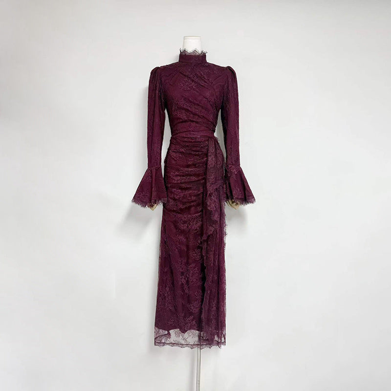 victoria Long lantern sleevelace-trim maxi dress - burgundy