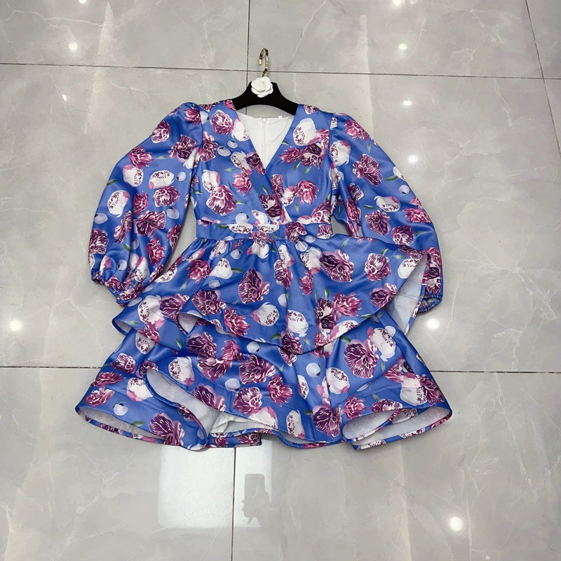 ARABELA BLUE FLORAL SATIN RUFFLE MINI DRESS