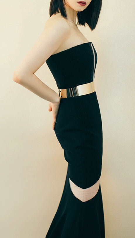 STRAPLESS PATCHWORK BANDAGE MAXI DRESS IN BLACK