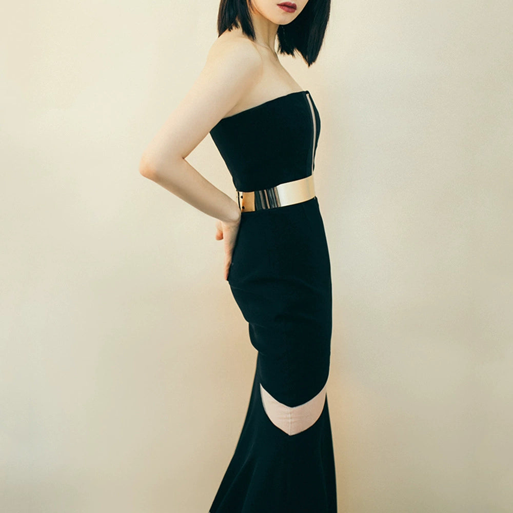 AIIZIE STRAPLESS PATCHWORK BANDAGE MAXI DRESS IN BLACK - product image