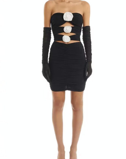 HOLLOWED-OUT EMBELLISHMENTS WITH WHITE ROSES MINI DRESS BLACK