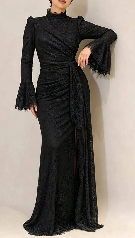 victoria Long lantern sleevelace-trim maxi dress - black