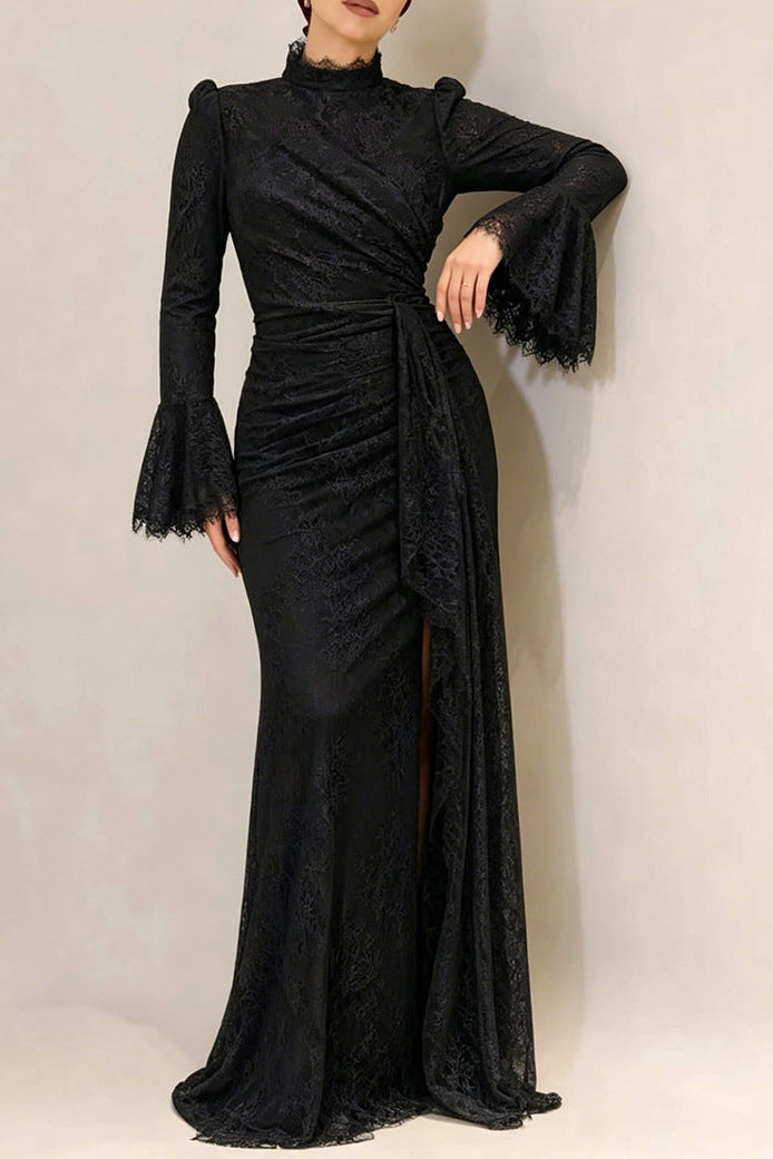 victoria Long lantern sleevelace-trim maxi dress - black