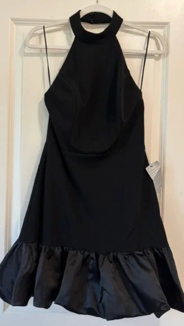 AIIZIE BUBBLE HEM HALTER MINI DRESS IN BLACK - product image