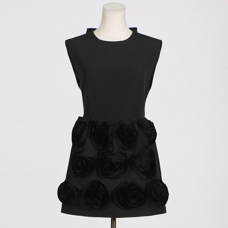 XAVIERA ROSE APPLIQUE MINI DRESS IN BLACK