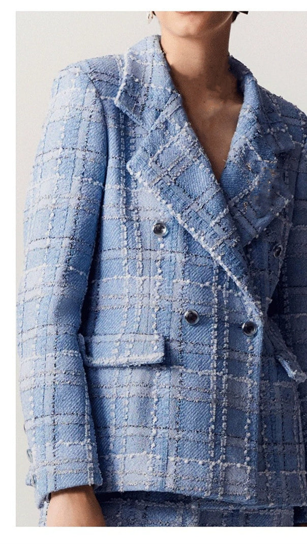 AIIZIE PLAID DOUBLE BREASTED TWEED BLAZER IN BLUE - product image