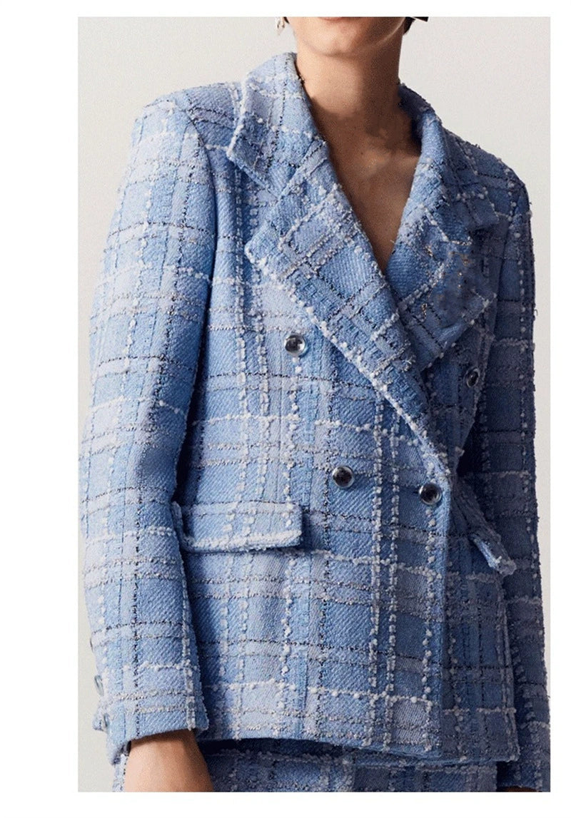 PLAID DOUBLE BREASTED TWEED BLAZER IN BLUE