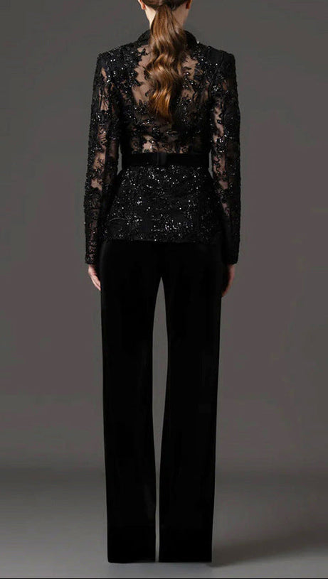 Mesh embroidered beaded jacket & trousers 2-piece set - black