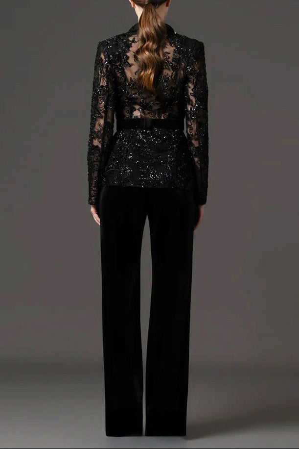 Beaded Mesh Jacket and Trouser Set in Black