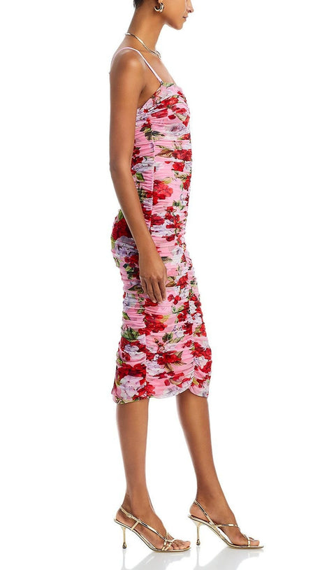CAPRICE MULTICOLOR FLORAL MESH MIDI DRESS