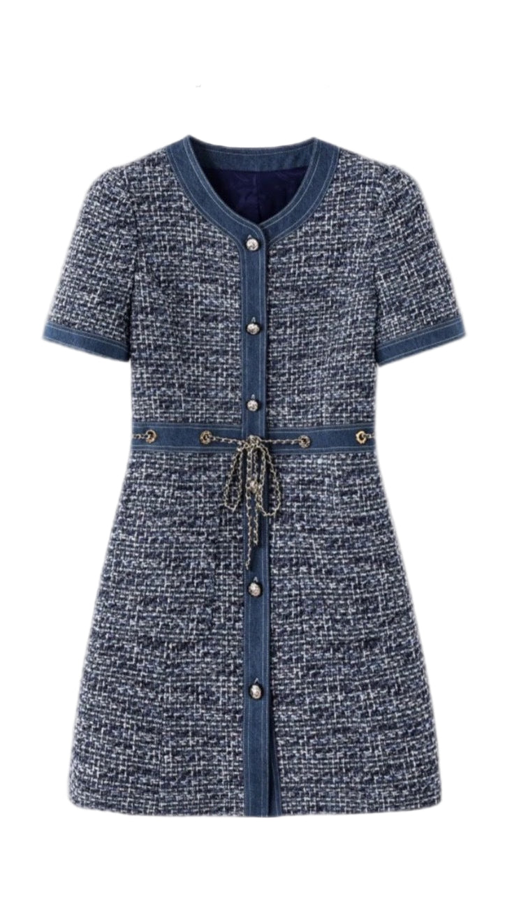 CHIC TWEED & DENIM MINI DRESS WITH GOLD CHAIN ACCENTS | HATSUYE