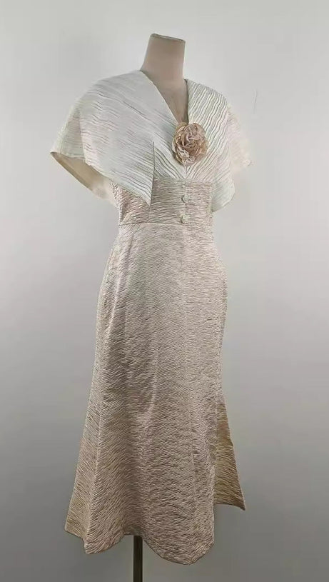 VENUS CHAMPAGNE STITCHED HIGH-WAISTED FISHTAIL MIDI DRESS