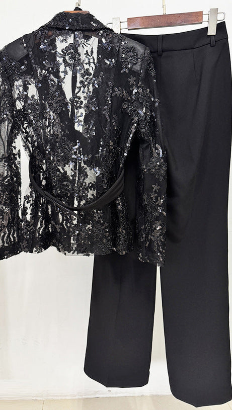 Mesh embroidered beaded jacket & trousers 2-piece set - black