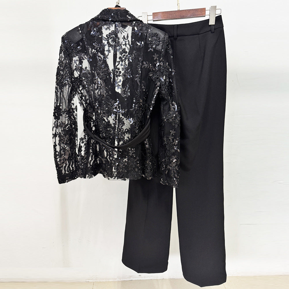 AIIZIE Beaded Mesh Jacket and Trouser Set in Black - product image
