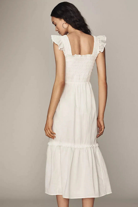 Weißes Midikleid mit Blumenmuster und Rüschen und quadratischem Ausschnitt 