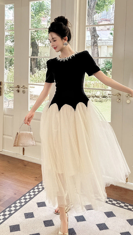 leona black-white Two-Tone rhinestone neck tulle maxi Dress