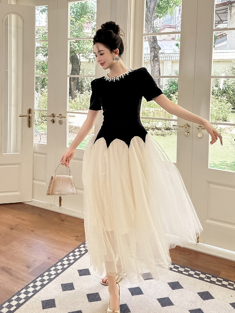AIIZIE leona black-white Two-Tone rhinestone neck tulle maxi Dress - product image