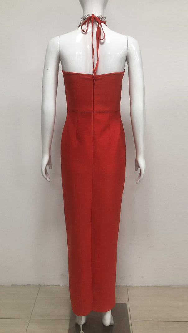 AIIZIE DIAMOND-EMBELLISHED HALTERNECK FITTED BANDAGE MAXI DRESS RED - product image