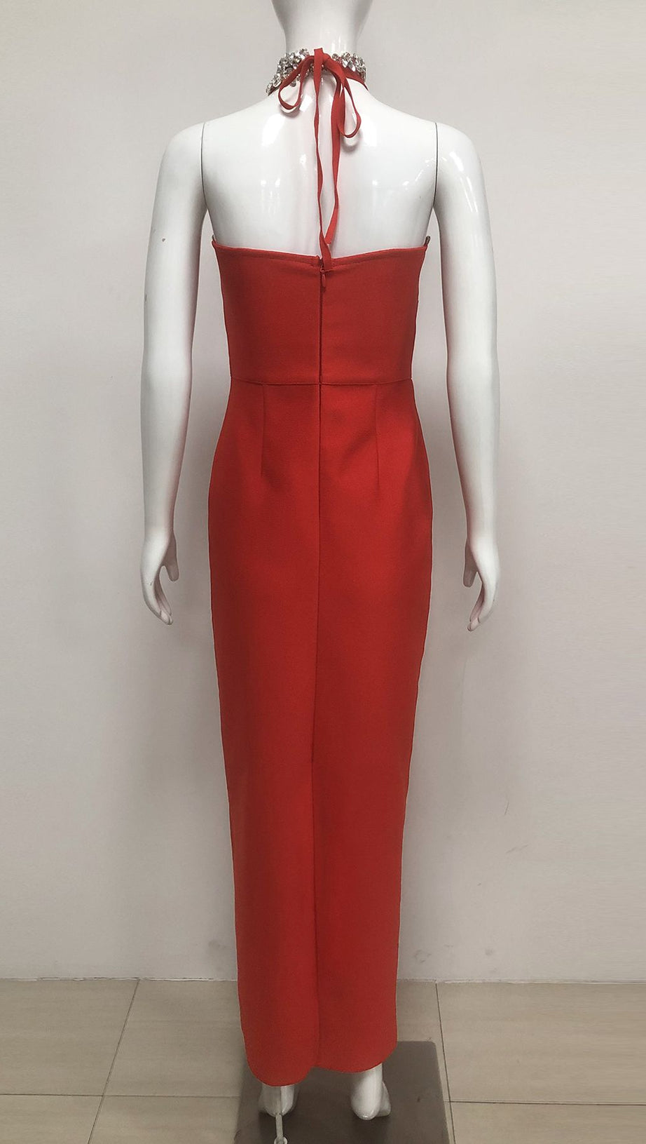 DIAMOND-EMBELLISHED HALTERNECK FITTED BANDAGE MAXI DRESS RED