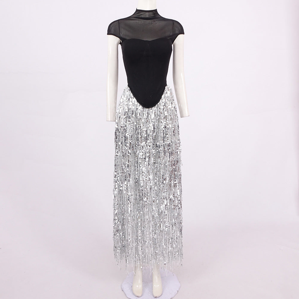 AIIZIE TASSEL SEQUIN BLACK CORSET MAXI DRESS - product image