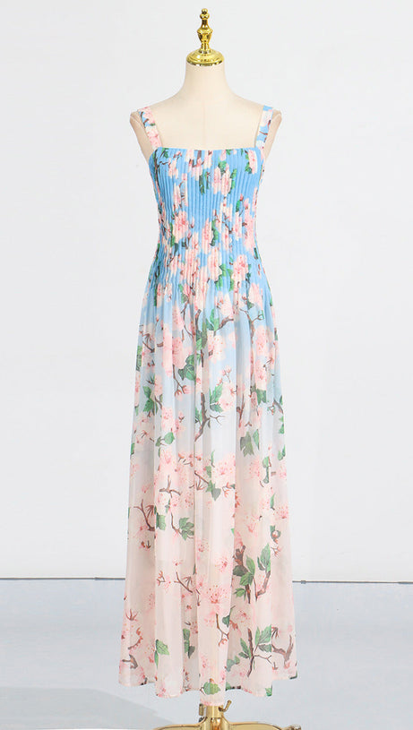 XAVIERA PLEATED SILK CHIFFON GOWN IN BLUE