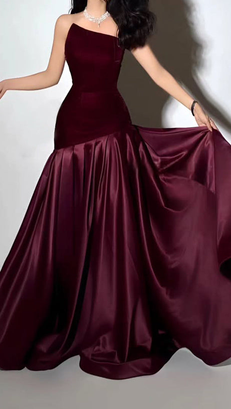 tiffany Irregular splicing strapless maxi dress  - burgundy