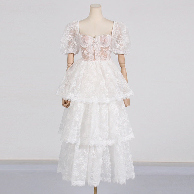 PUFF SLEEVE LACE MAXI DRESS IN WHITE