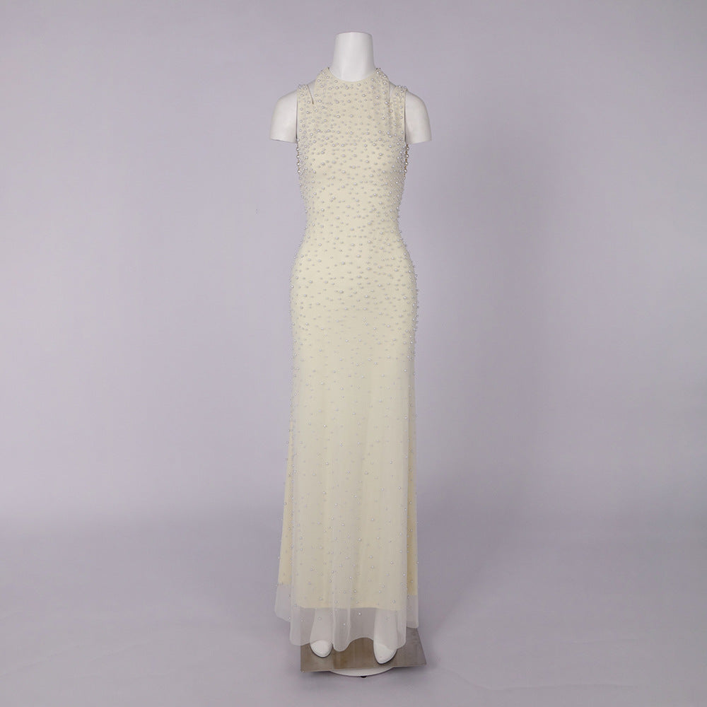 AIIZIE Pearl-Tassel Off-Shoulder Fishtail Maxi Dress in Butter Yellow - product image