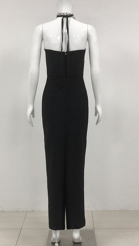 DIAMOND-EMBELLISHED HALTERNECK FITTED BANDAGE MAXI DRESS BLACK