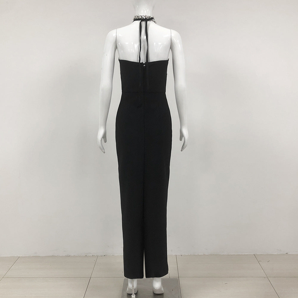 AIIZIE DIAMOND-EMBELLISHED HALTERNECK FITTED BANDAGE MAXI DRESS BLACK - product image