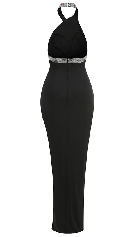 SNAKE STRAP CRYSTAL MAXI DRESS BLACK