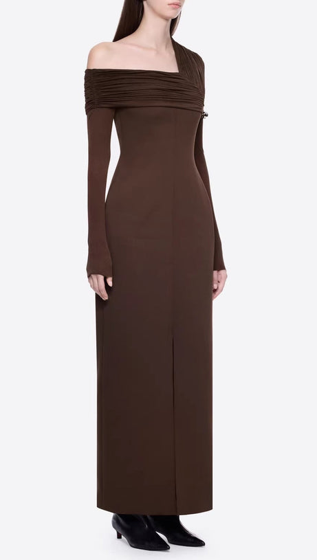 maud One-shoulder pleated high-slit maxi dress - brown