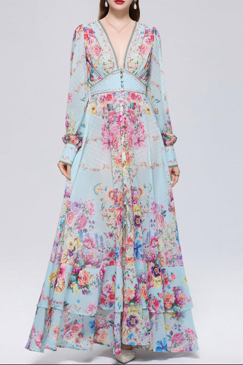 xaviera Chiffon mesh A-line printed maxi dress