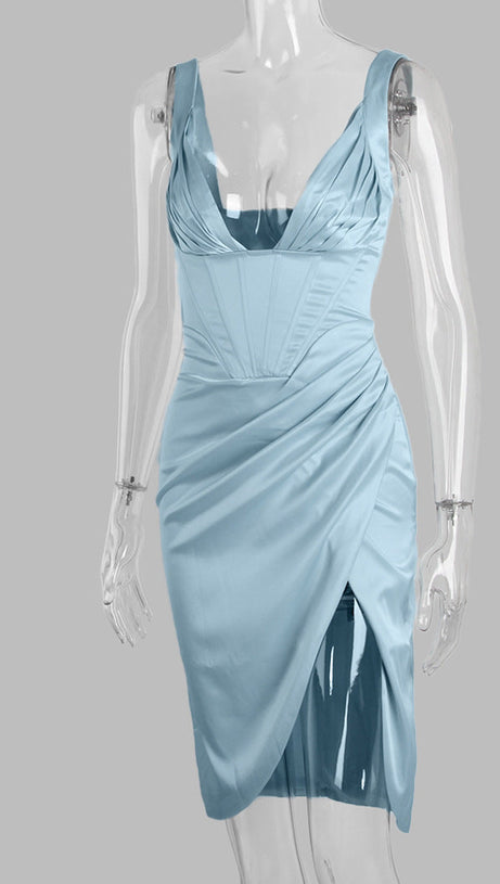 SATIN CORSET MIDI DRESS IN BLUE